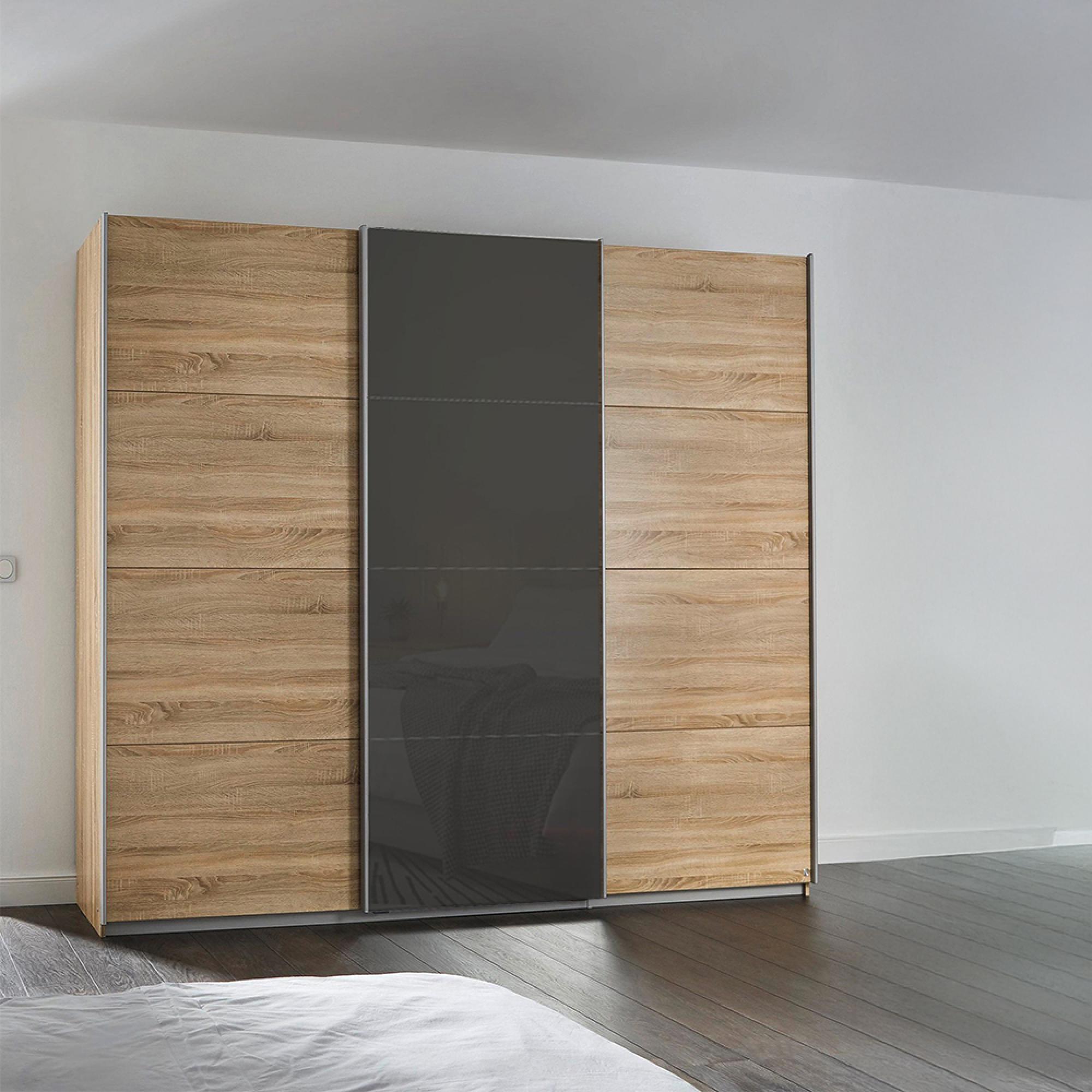 Kulmbach Sliding Wardrobe 203cm 3 Door Sonoma Oak Basalt Glass Front