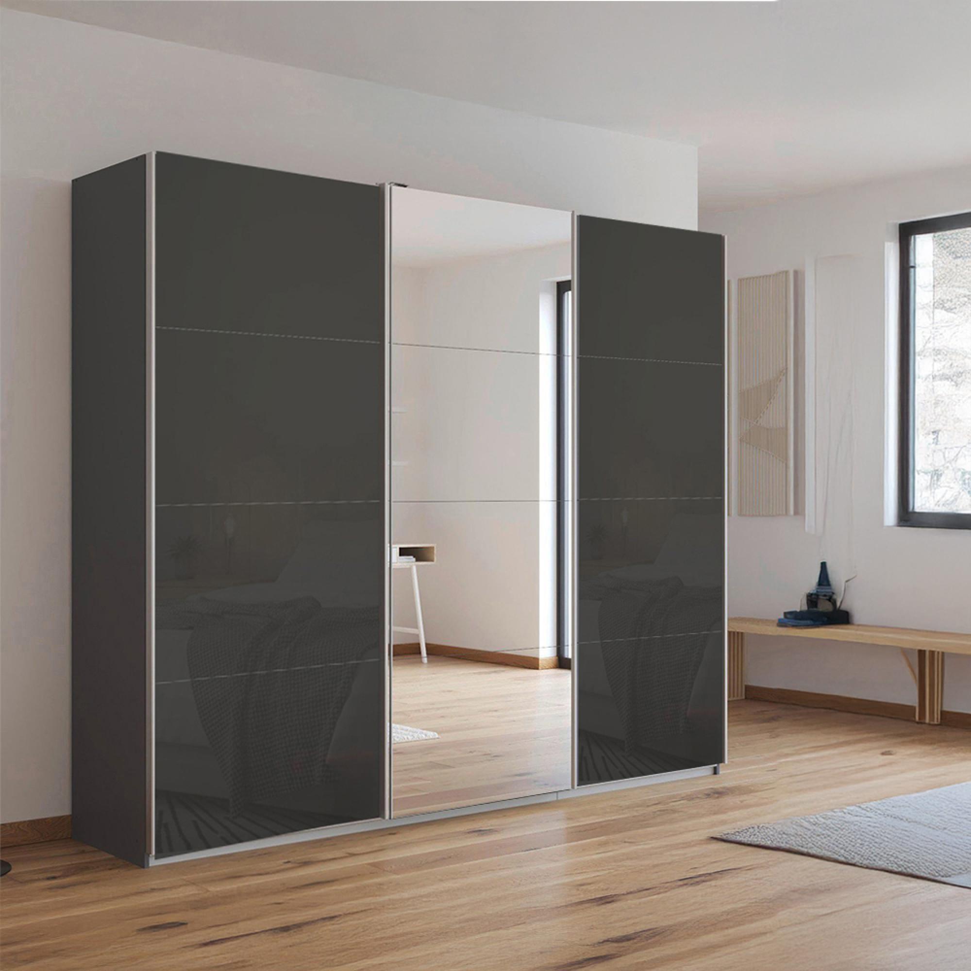 Kulmbach Sliding Mirror Wardrobe 203cm 3 Door Metallic Dark Grey Basalt Glass