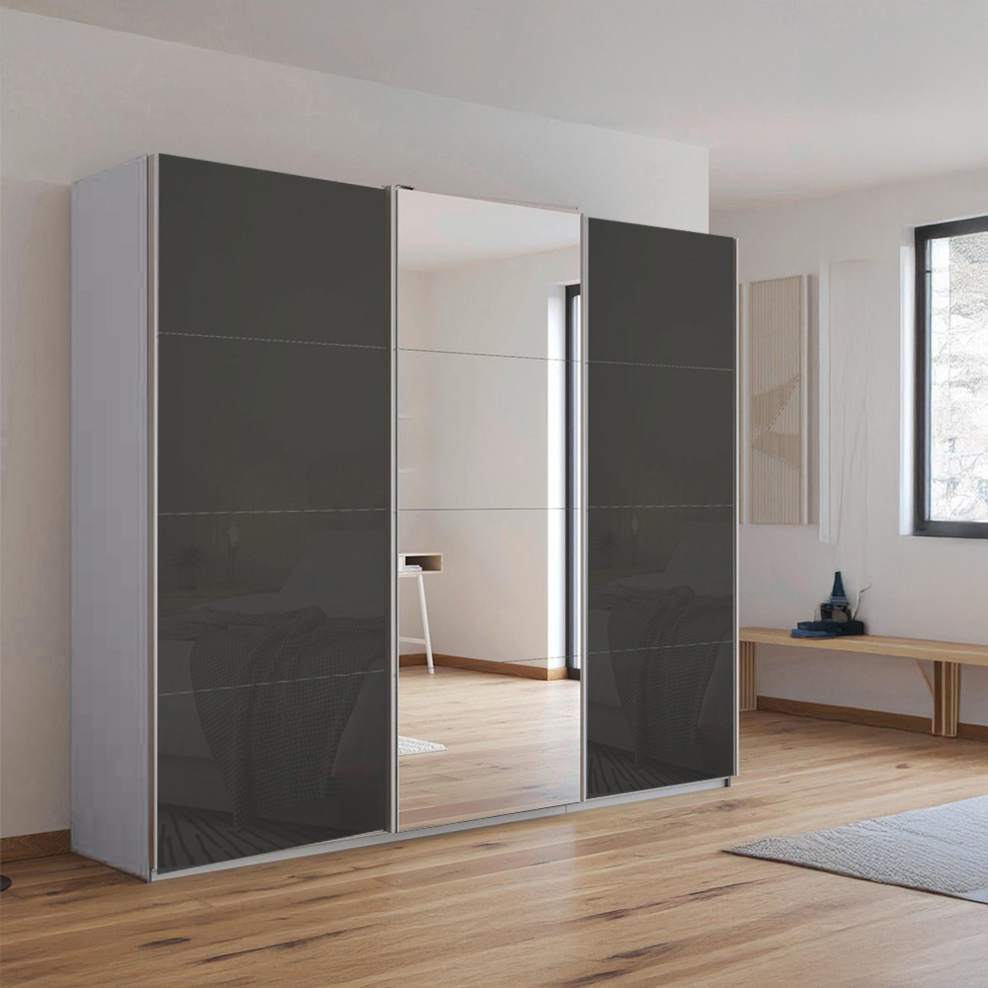 Kulmbach Sliding Mirror Wardrobe 203cm 3 Door Silk Grey Basalt Glass