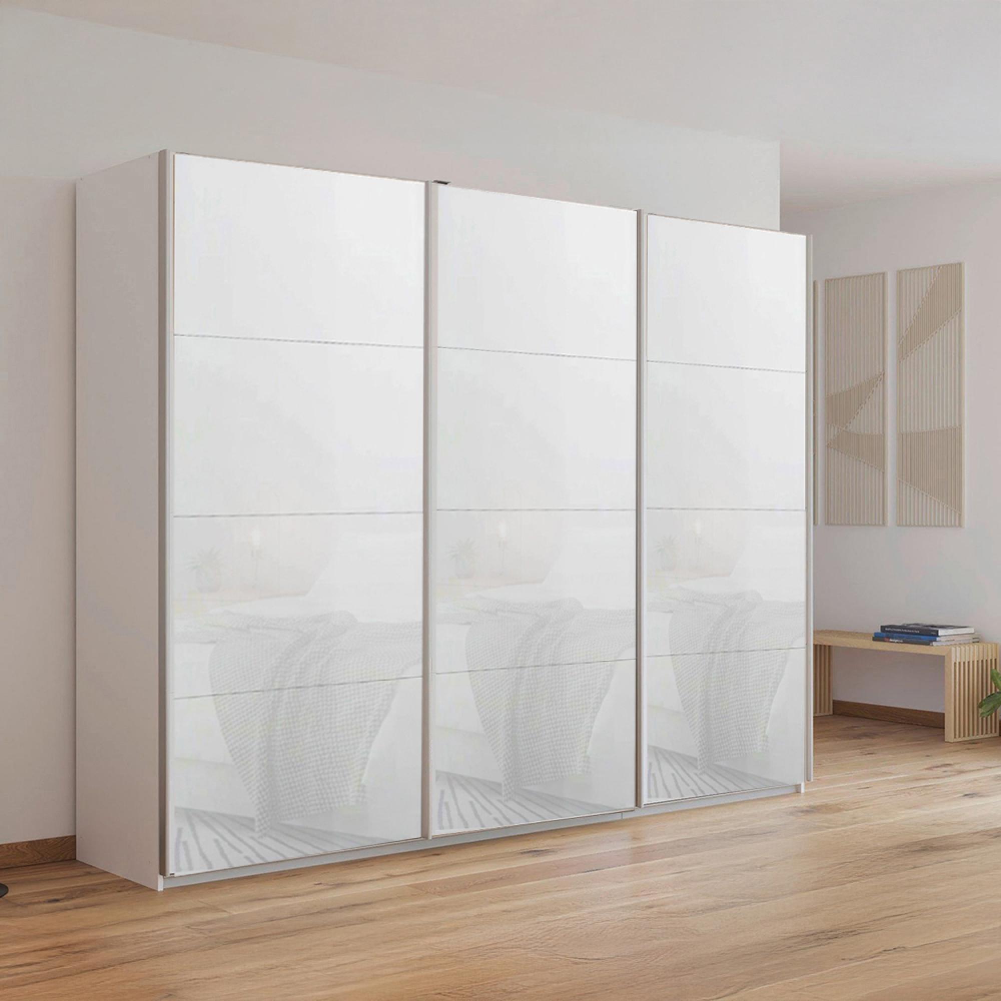 Kulmbach Sliding Wardrobe - 271cm - 3 Door - Alpine White & White Glass