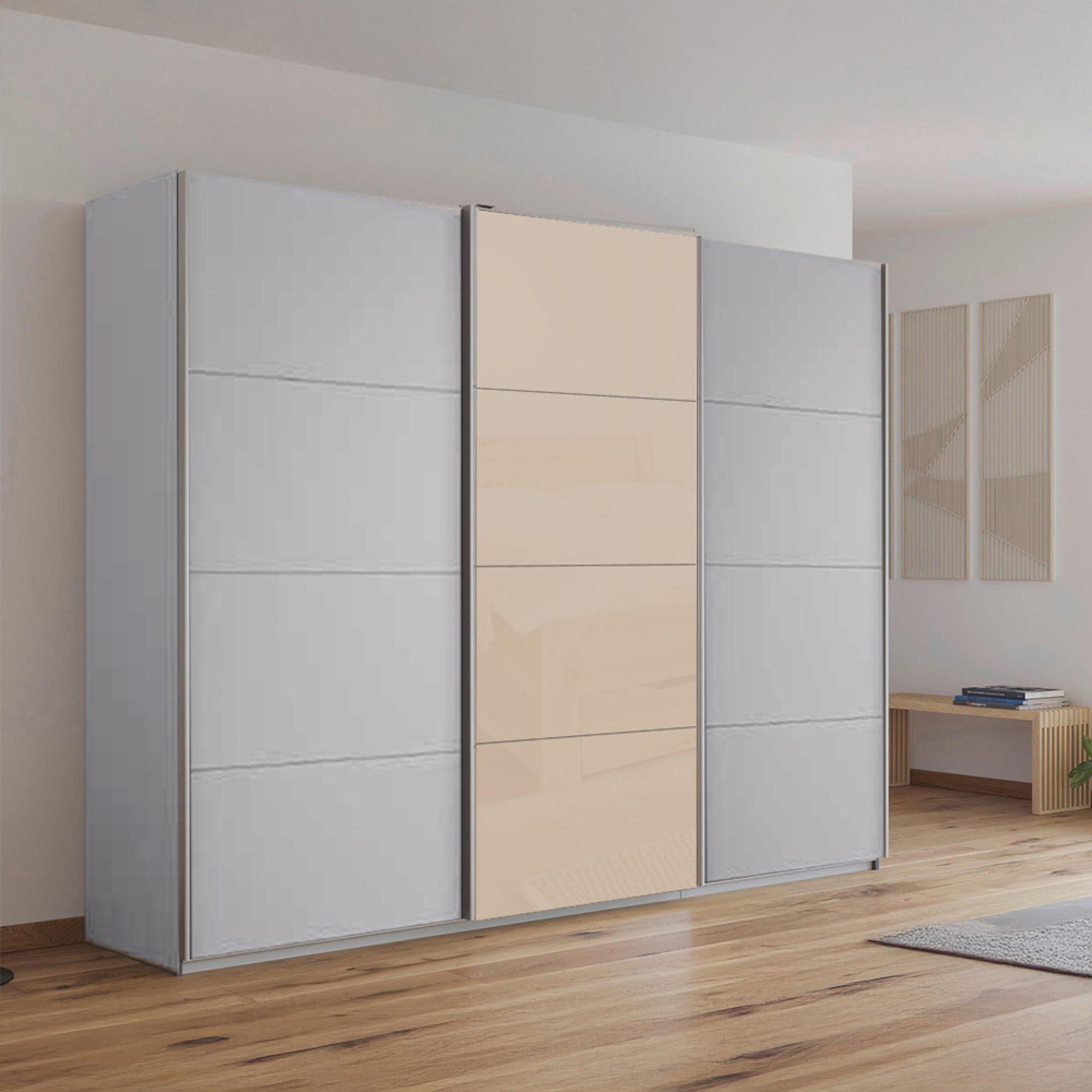 Kulmbach Sliding Wardrobe 271cm 3 Door Silk Grey Champagne Glass Front