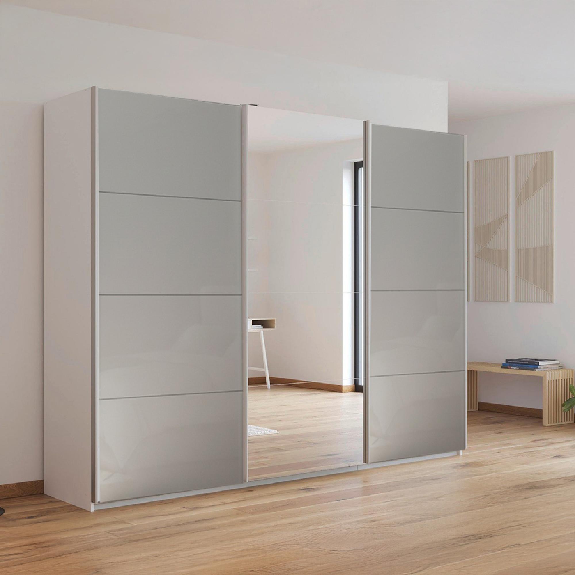 Kulmbach Sliding Mirror Wardrobe - 271cm - 3 Door - Alpine White & Grey High Gloss
