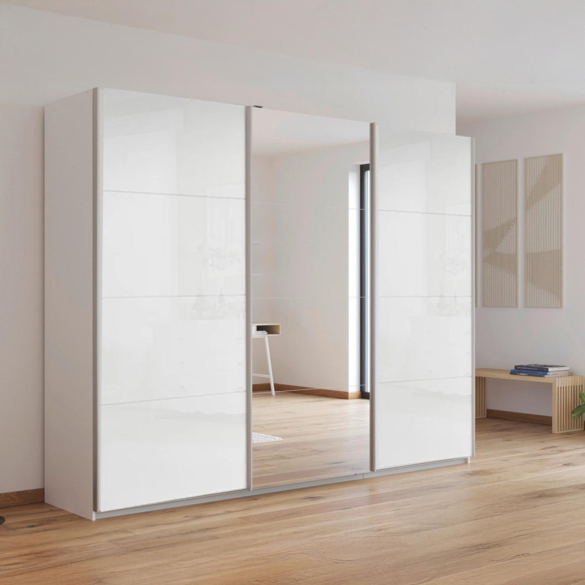 Kulmbach Sliding Mirror Wardrobe - 271cm - 3 Door - Alpine White & White High Gloss