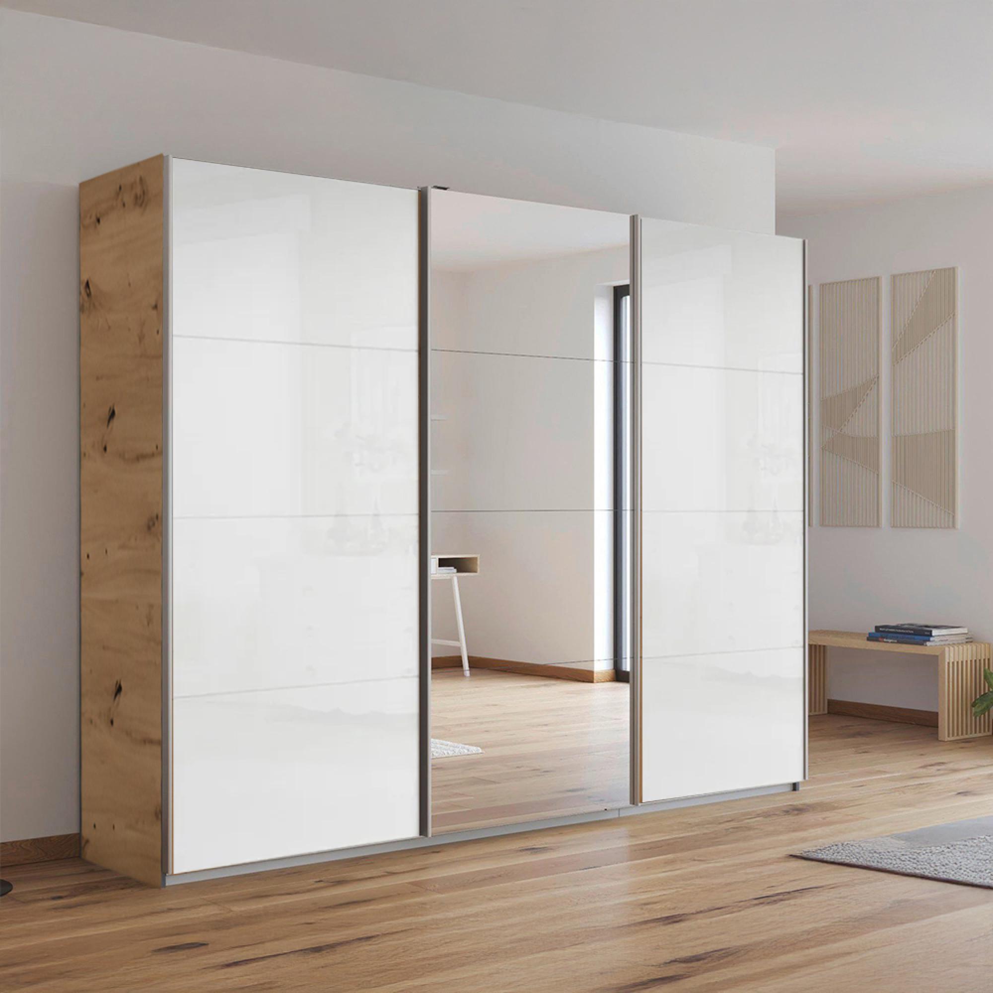 Kulmbach Sliding Mirror Wardrobe - 271cm - 3 Door - Artisan Oak & White High Gloss