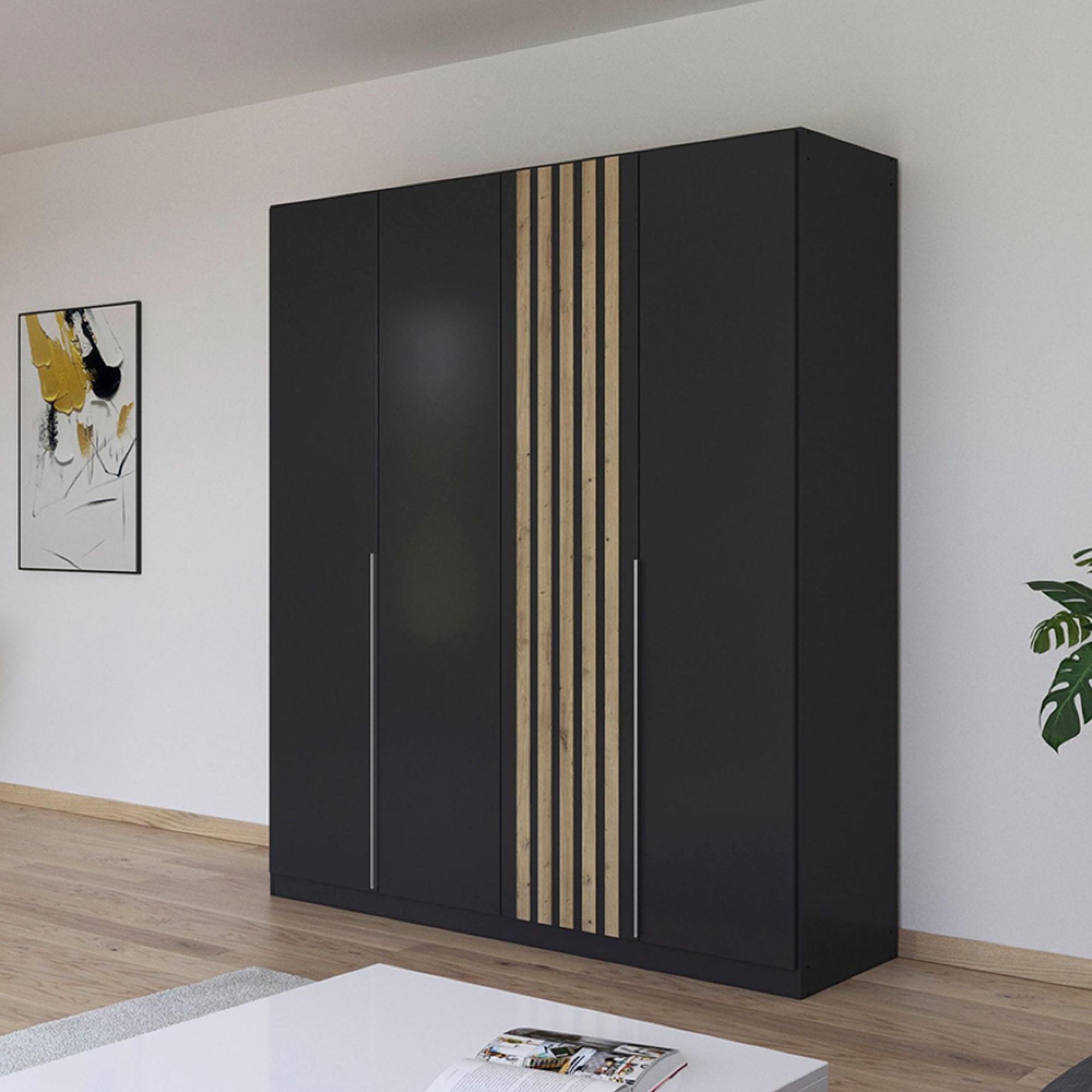 Rauch Lamella 181cm 4 Door Wardrobe - Metallic Dark Grey and Artisan Oak