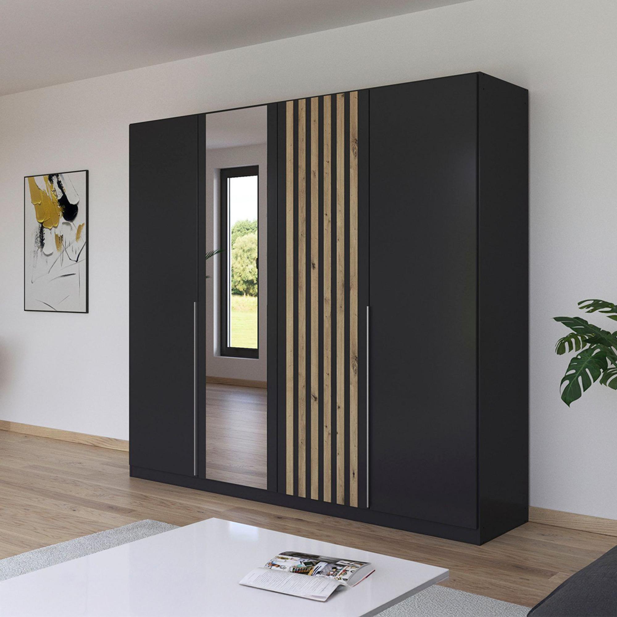 Rauch Lamella 226cm 4 Door Wardrobe with Mirror - Metallic Dark Grey and Artisan Oak