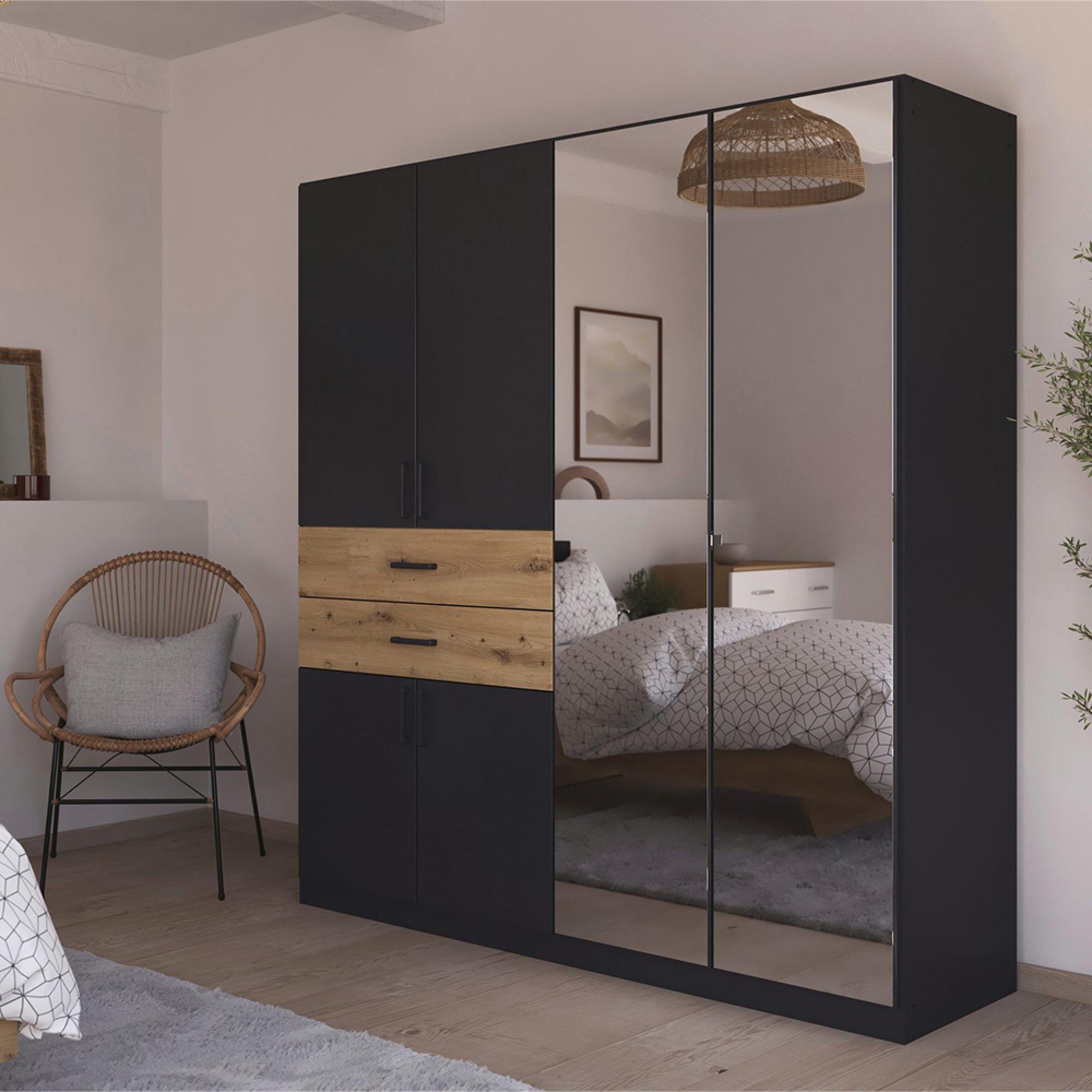 Rauch Maika 181cm 6 Door Combi Wardrobe - H 197cm - Metallic Dark Grey and Artisan Oak