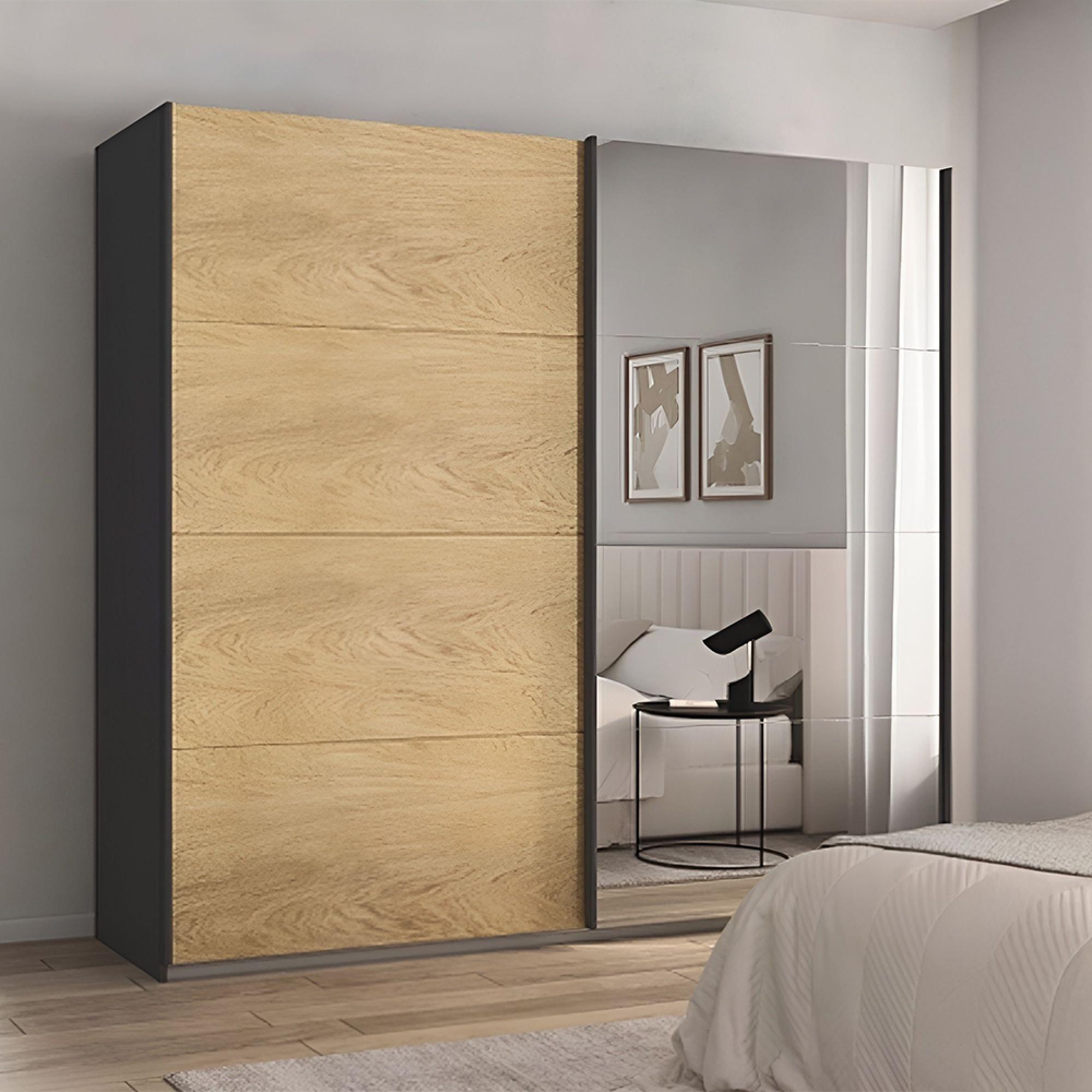 Rauch Malva 226cm 2 Door Sliding Wardrobe with Mirror - Metallic Dark Grey