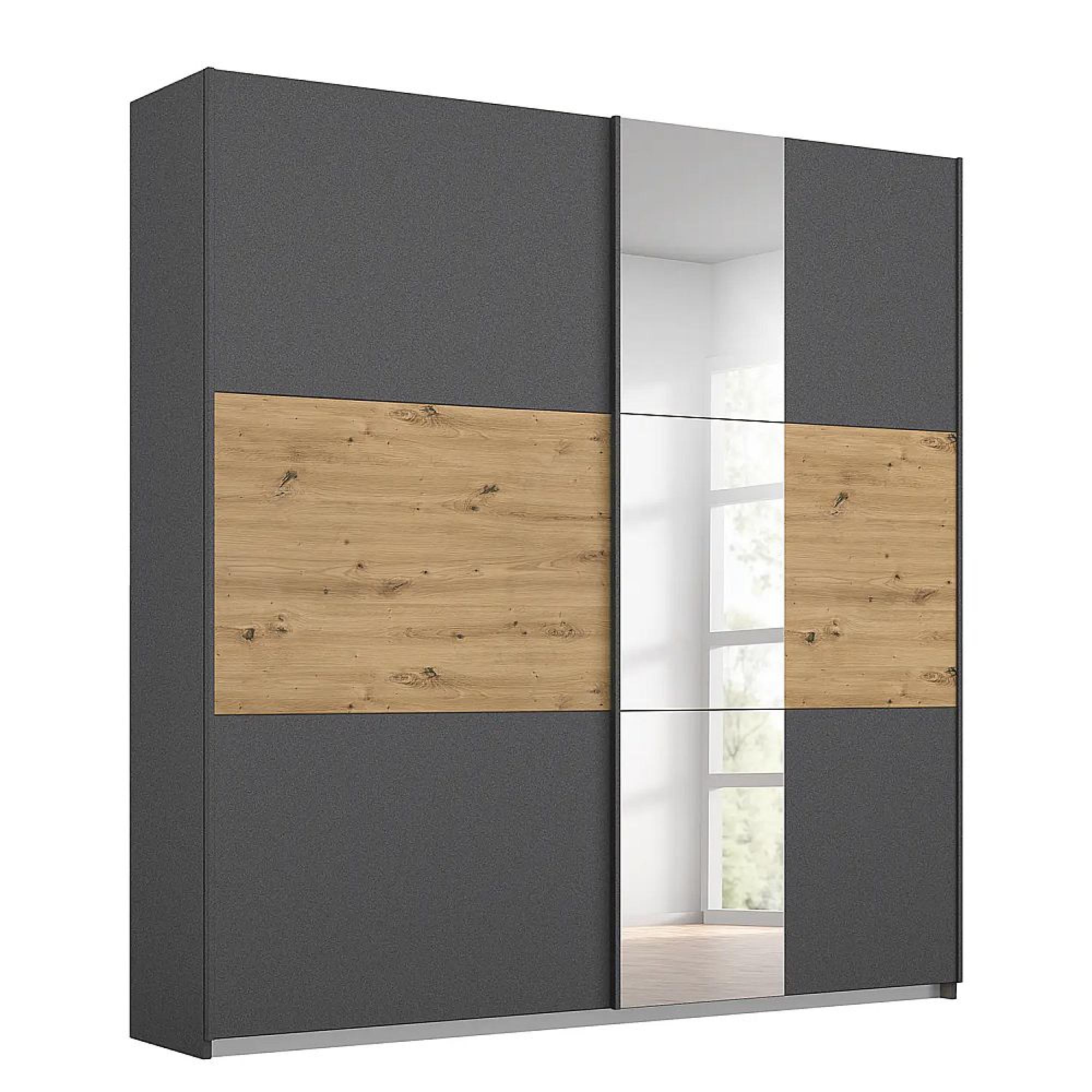 Rauch Miro 175cm 2 Door Sliding Wardrobe with Mirror - Metallic Dark Grey and Artisan Oak