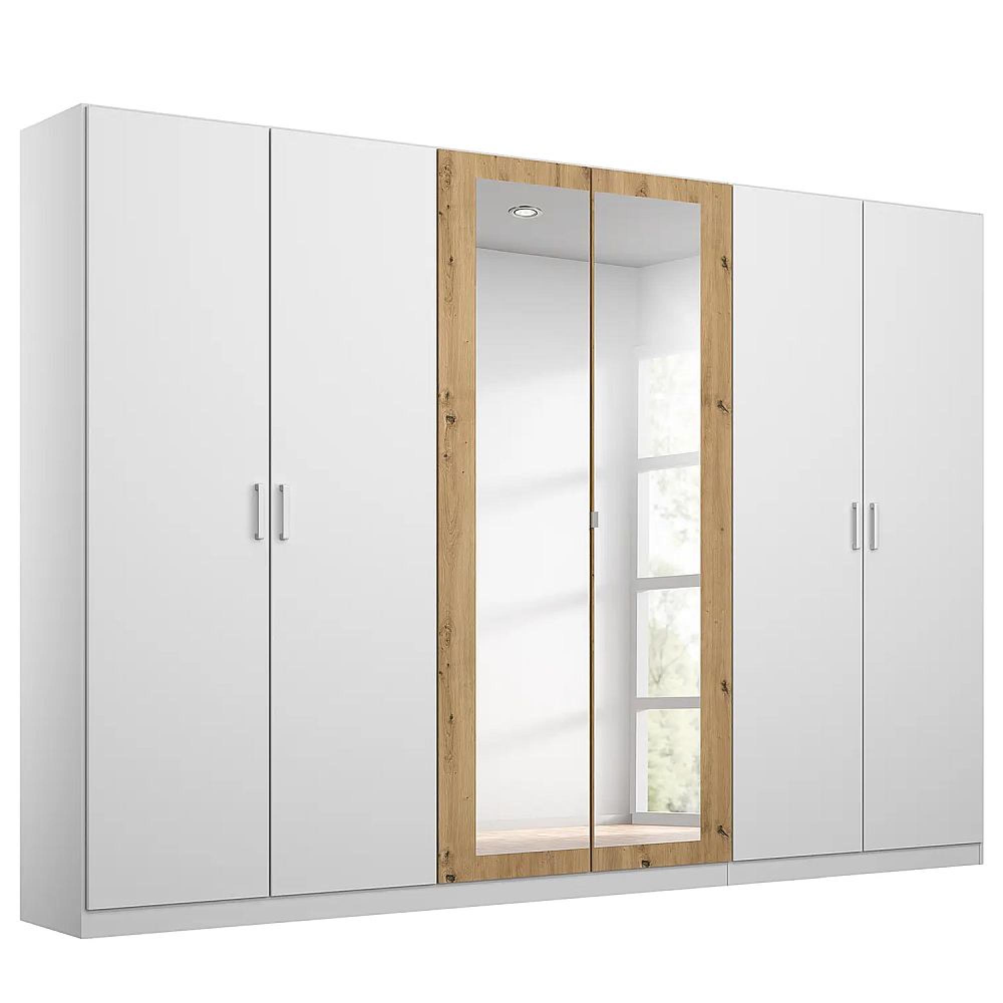 Rauch Miro 271cm 6 Door Wardrobe with Mirror - Alpine White and Artisan Oak