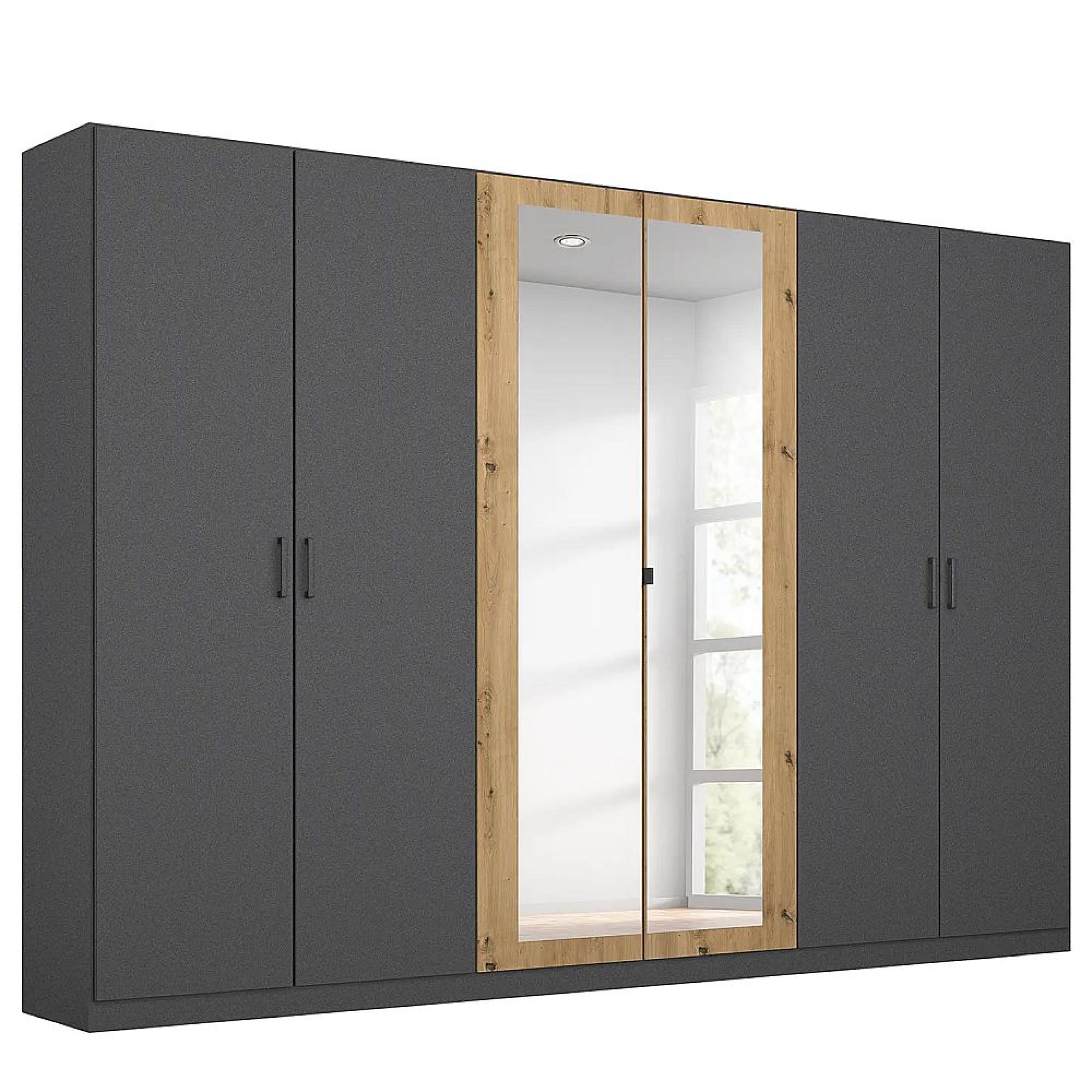 Rauch Miro 271cm 6 Door Wardrobe with Mirror - Metallic Dark Grey and Artisan Oak