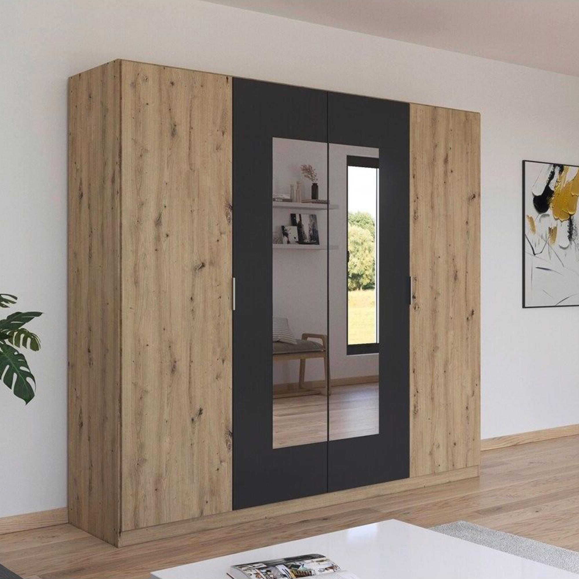 Rauch Monza 226cm 4 Door Wardrobe with Mirror - Artisan Oak and Metallic Dark Grey