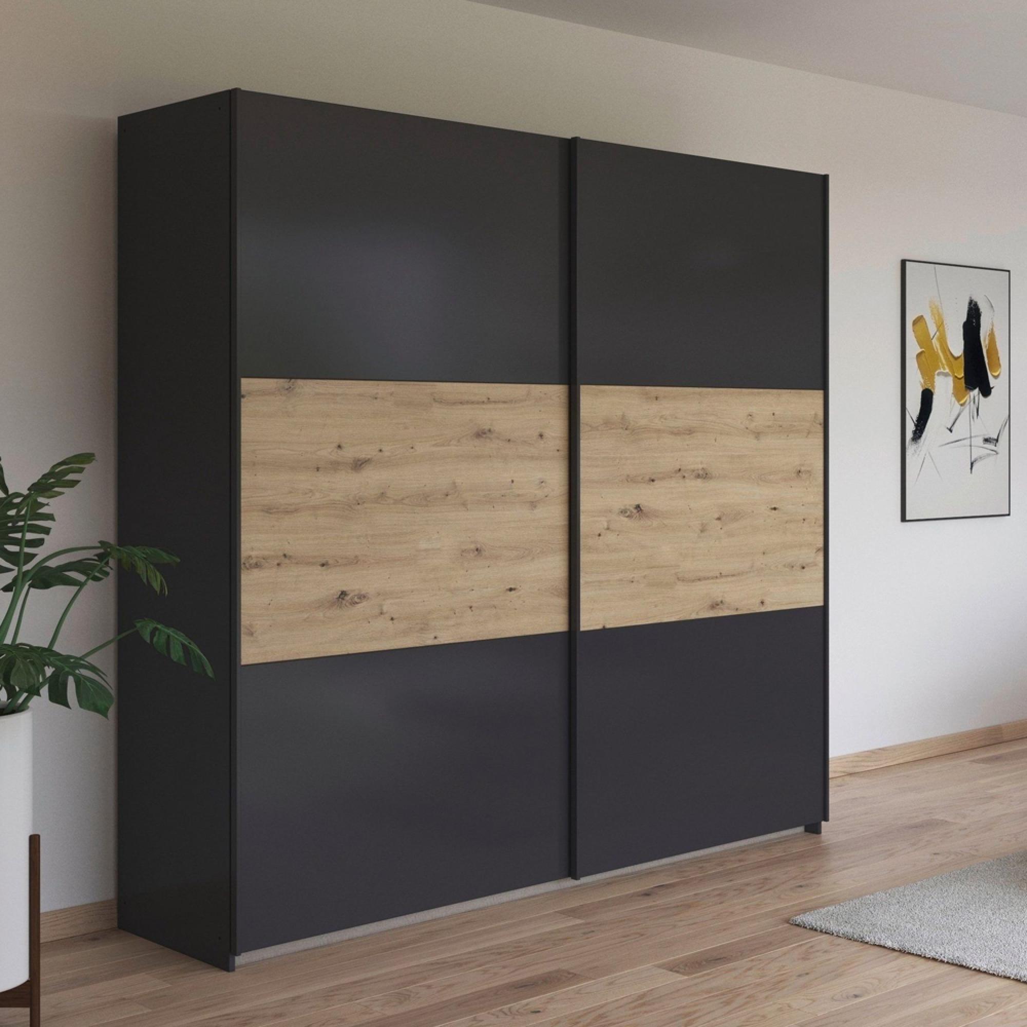 Rauch Neo 218cm 2 Door Sliding Wardrobe - Metallic Dark Grey and Artisan Oak