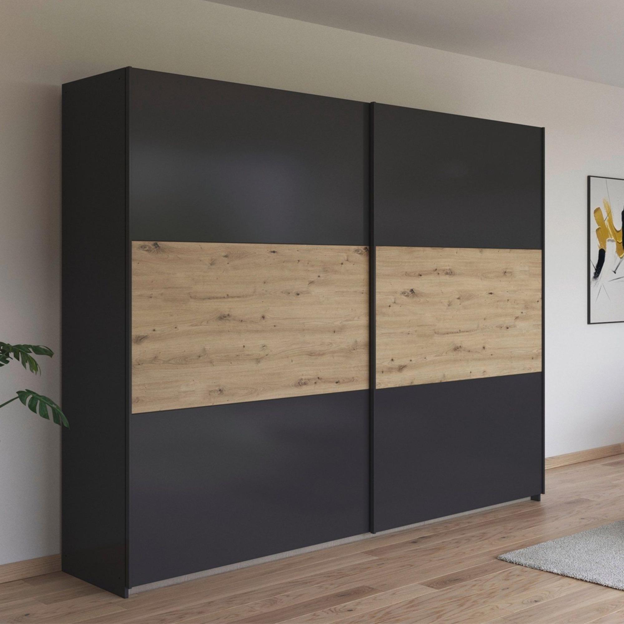 Rauch Neo 261cm 2 Door Sliding Wardrobe - Metallic Dark Grey and Artisan Oak