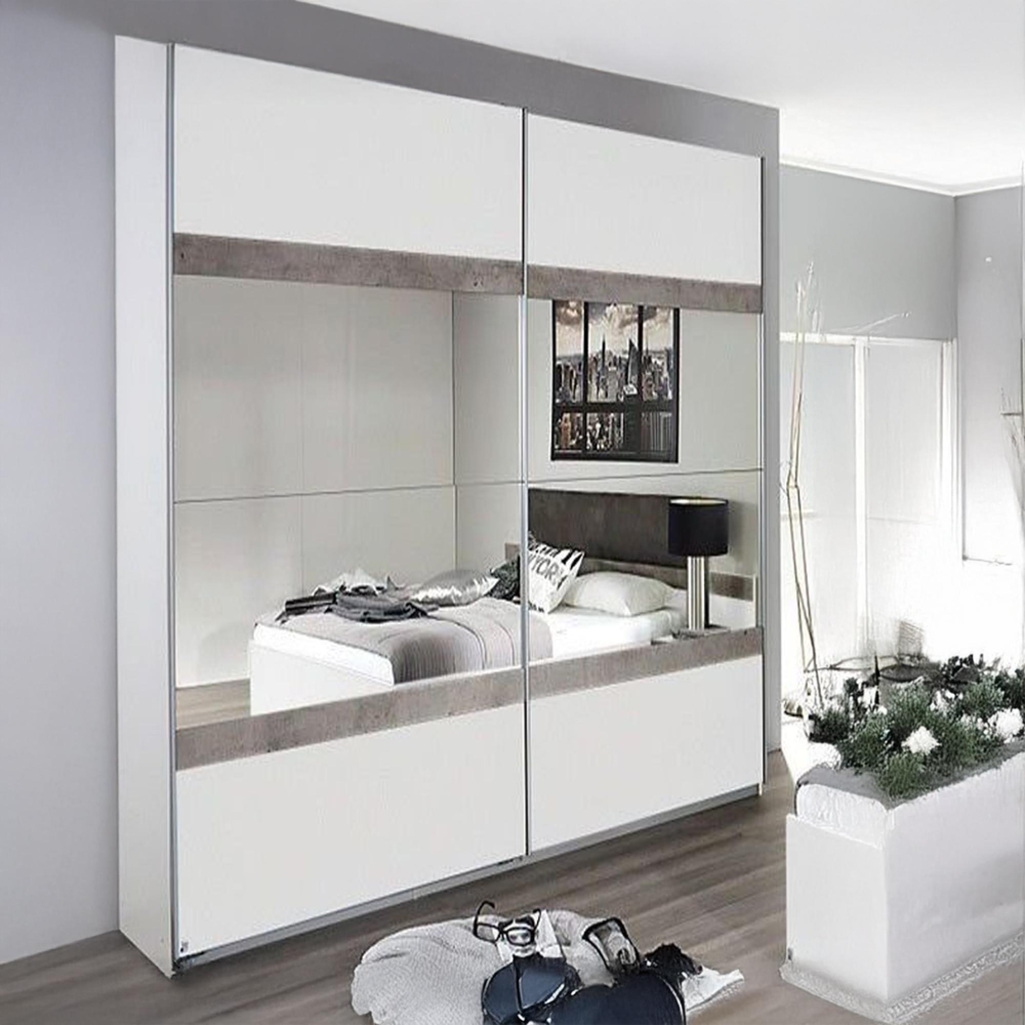 Rauch Penzberg 181cm 2 Door Sliding Wardrobe with Mirror - Alpine White and Stone Grey