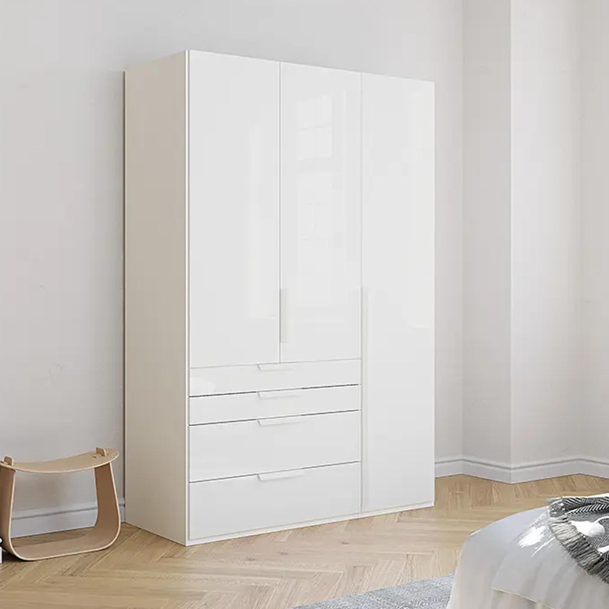 Purisma Wardrobe - 151cm - 3 Door - 4 Drawer - Alpine White & Crystal White Glass
