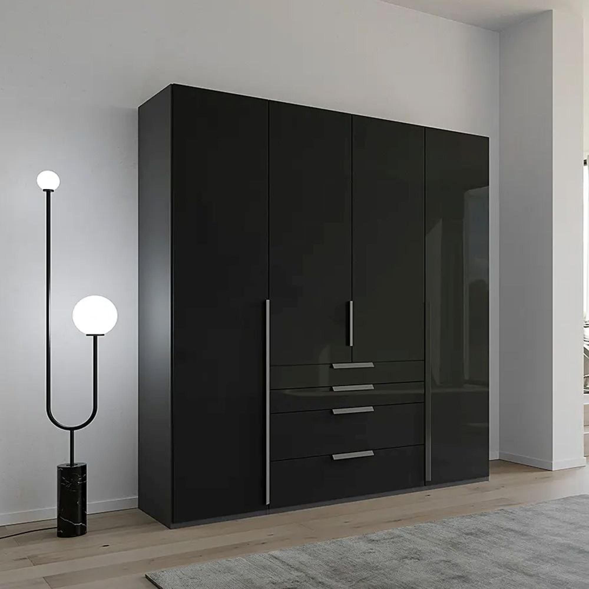 Purisma Wardrobe - 201cm - 4 Door - 4 Drawer - Graphite & Basalt Glass
