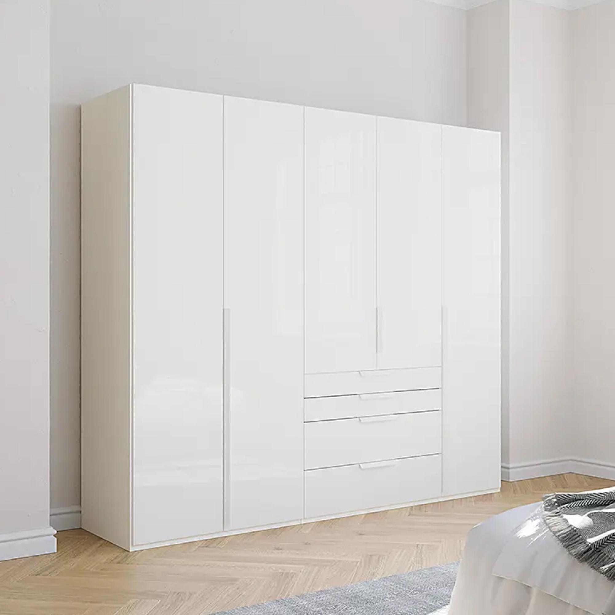 Purisma Wardrobe - 251cm - 5 Door - 4 Drawer - Alpine White & Crystal White Glass
