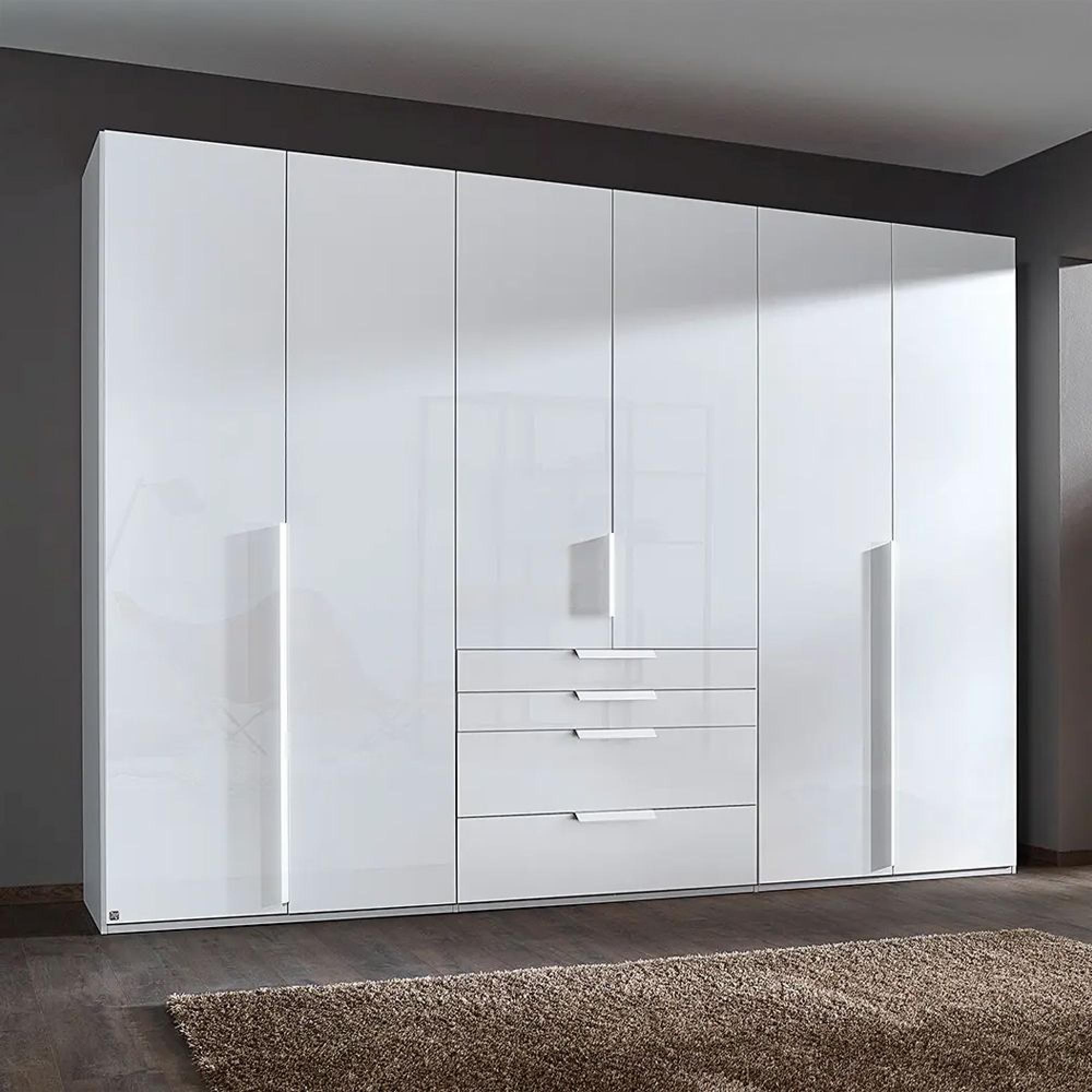 Purisma Wardrobe - 301cm - 6 Door - 4 Drawer - Alpine White & Crystal White Glass