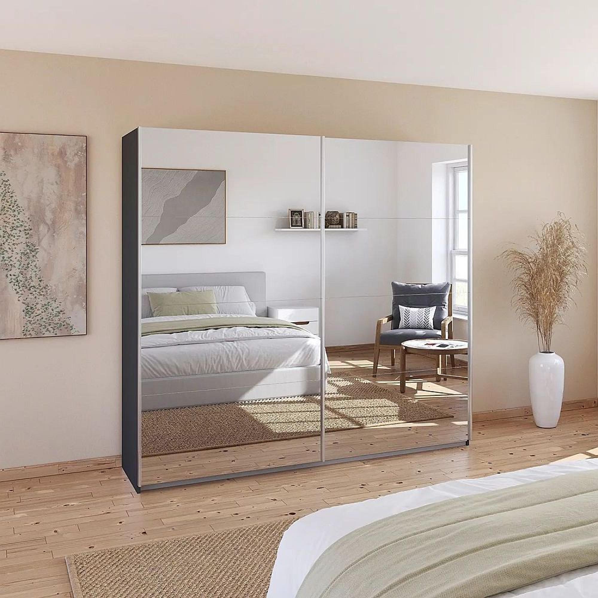 Rauch Quadra 226cm 2 Door Sliding Mirrored Wardrobe with Extras - Metallic Dark Grey