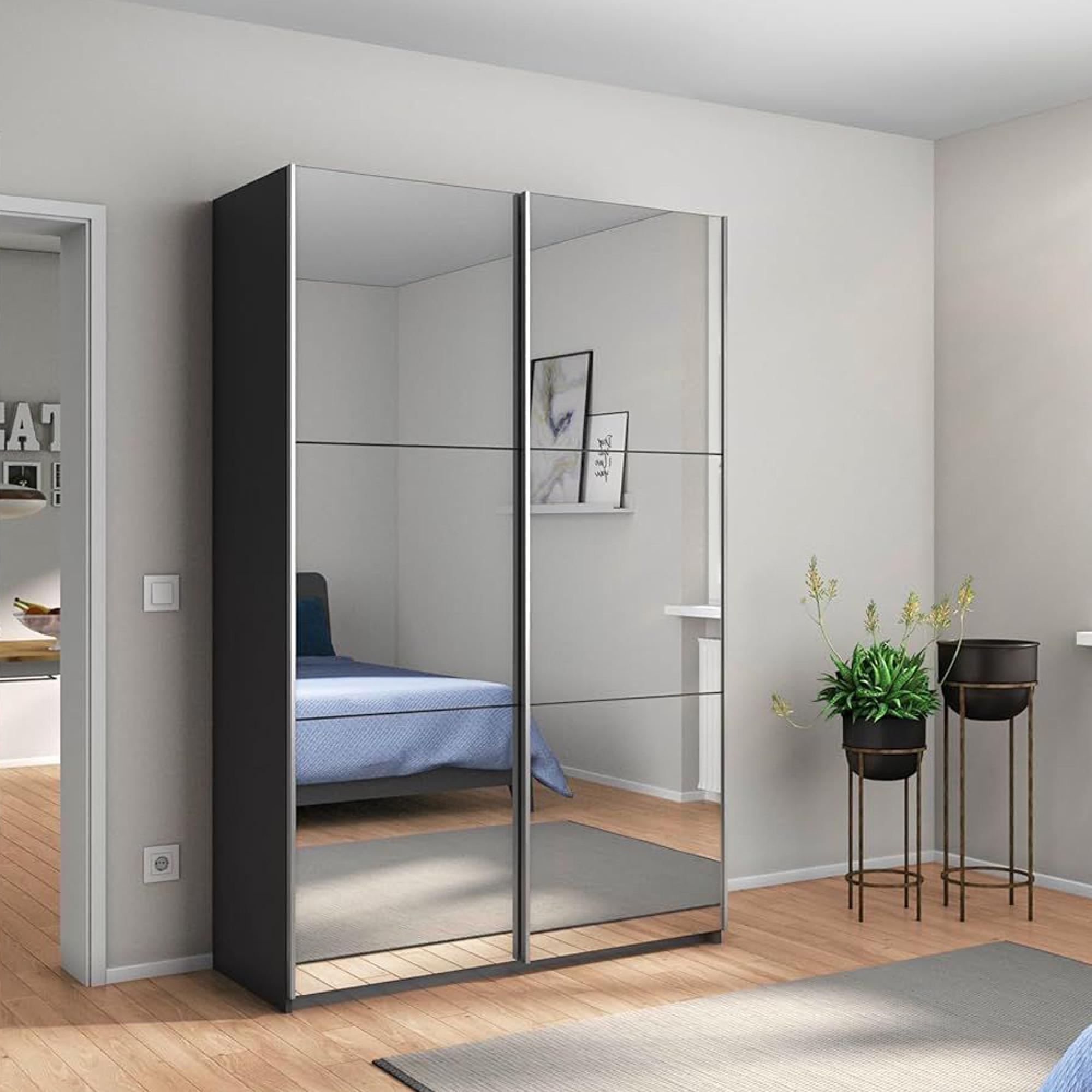 Rauch Reflect 131cm 2 Door Mirrored Sliding Wardrobe - Metallic Dark Grey