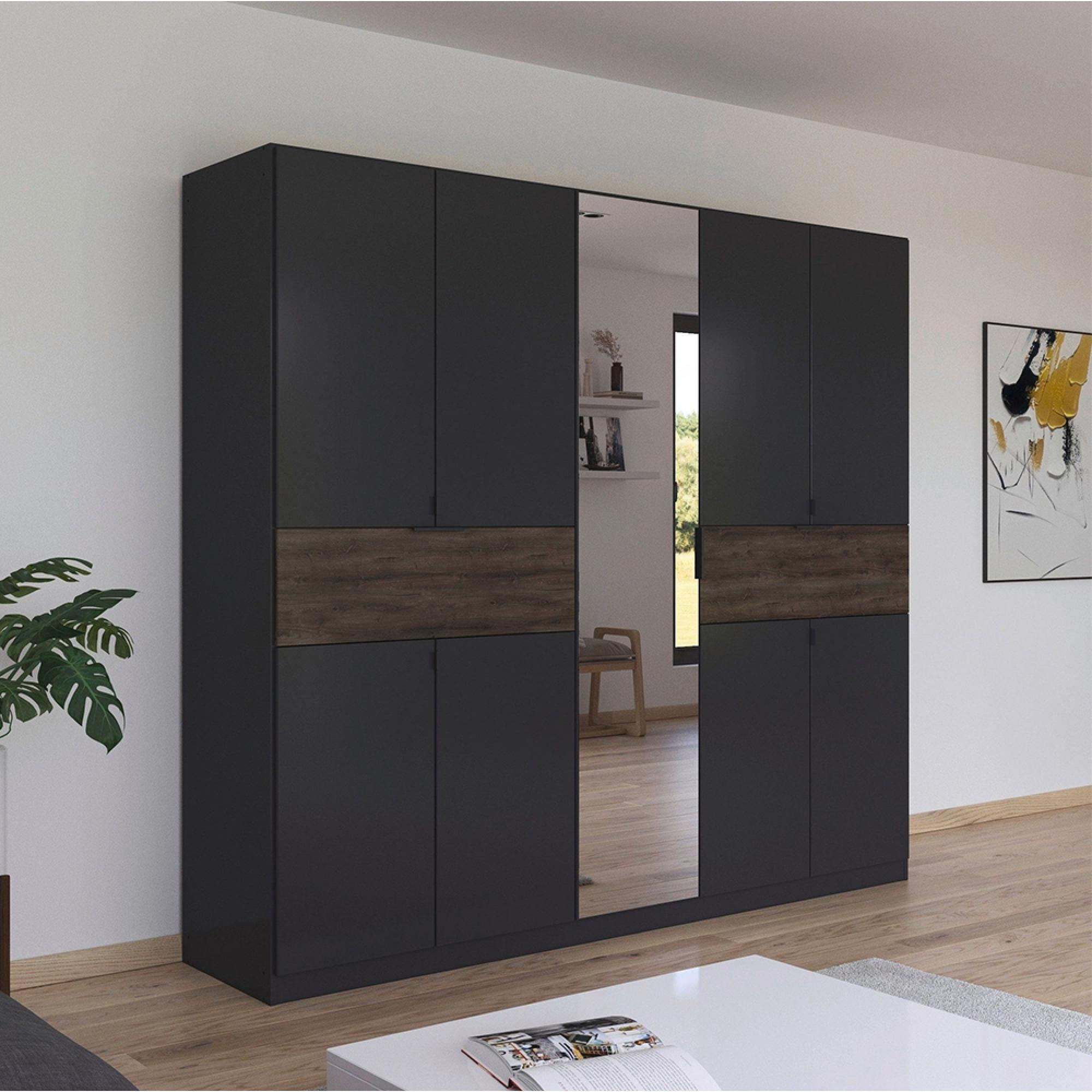 Rauch Ticao 226cm 9 Door Combi Wardrobe - Metallic Dark Grey and Atlantic Dark Oak