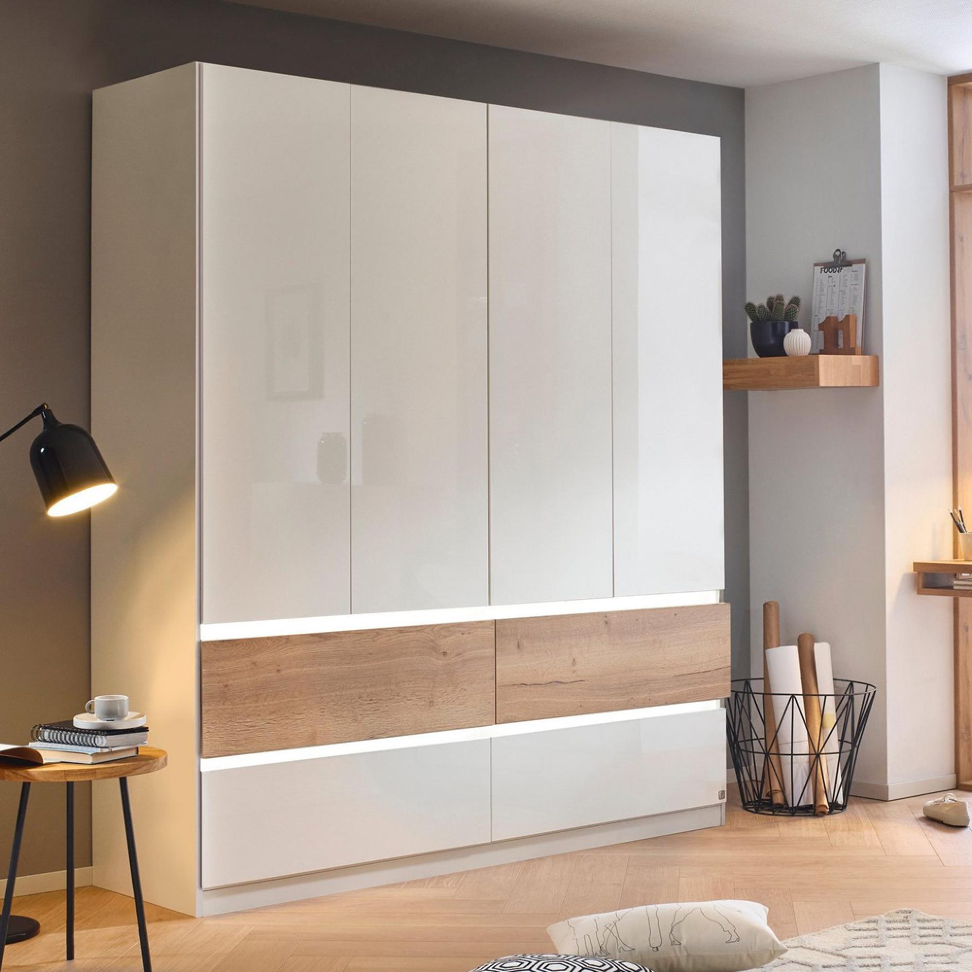 Rauch Winnipeg 181cm 4 Door Wardrobe with Lighting - Alpine White High Gloss and Halifax Oak