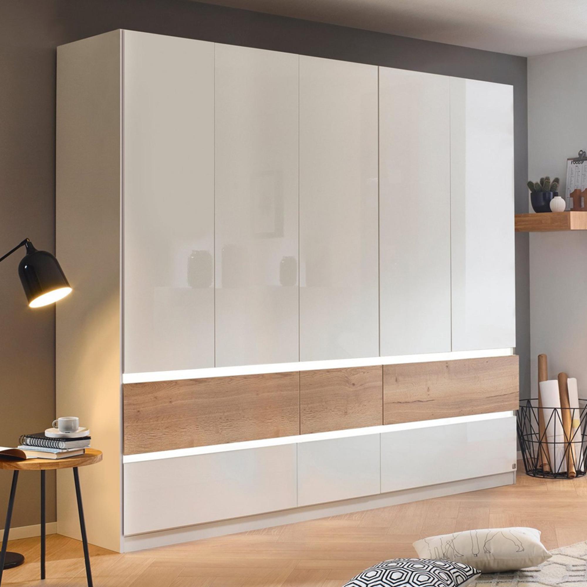 Rauch Winnipeg 226cm 5 Door Wardrobe with Lighting - Alpine White High Gloss and Halifax Oak