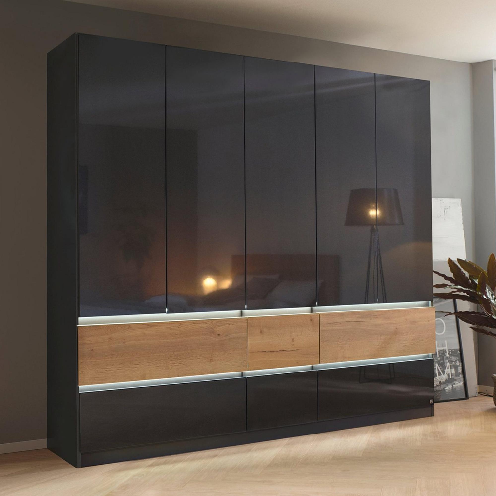 Rauch Winnipeg 226cm 5 Door Wardrobe with Lighting - Metallic Dark Grey High Gloss and Halifax Oak