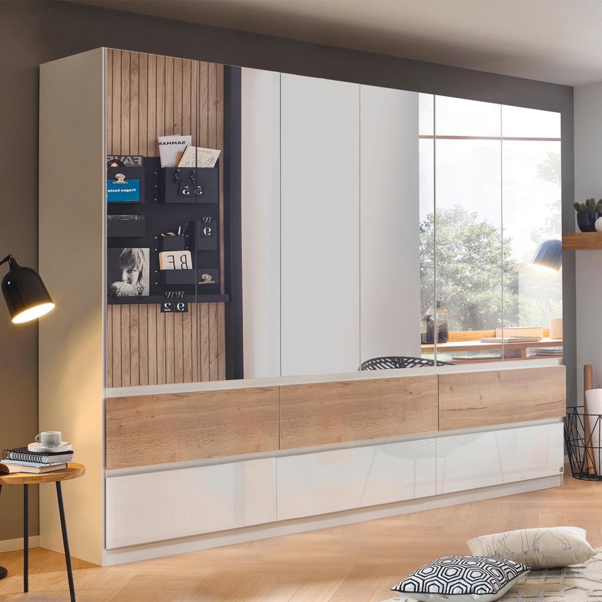 Rauch Winnipeg 271cm 6 Door Wardrobe with Mirror - Alpine White High Gloss and Halifax Oak