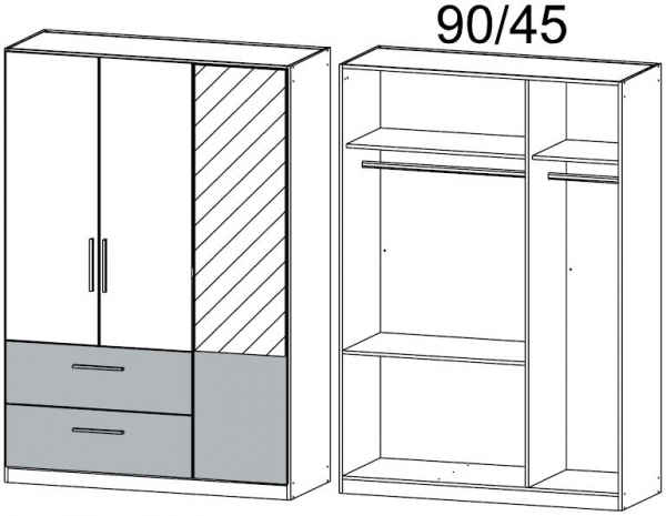 0V5D : 3 Door 2 Drawer Combi Wardrobe with 2 Carcase Color Door and 1 Mirror and 2 Application Color Drawer