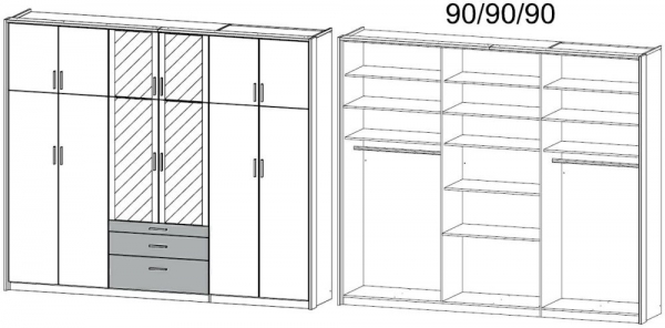 029Q : 12 Door 3 Drawer Carcase Color Combi Wardrobe with 4 Mirror Door with Passepartout