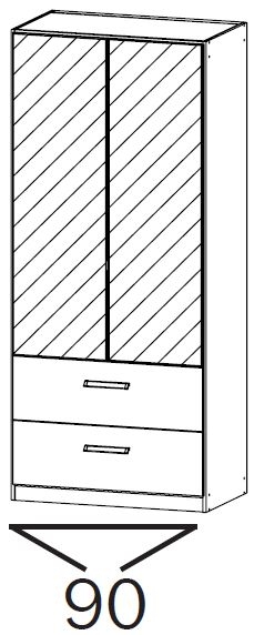 15K4 : 2 Mirror Door 2 Drawer Combi Wardrobe with Chrome Color Short Handle