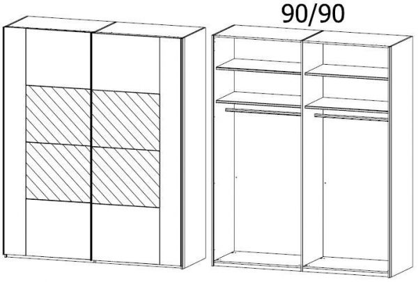 1SH2 : 2 Door Sliding Wardrobe with High Polish Front Frame and Middle Door Section Mirror wih Carcase Color Handle Strip