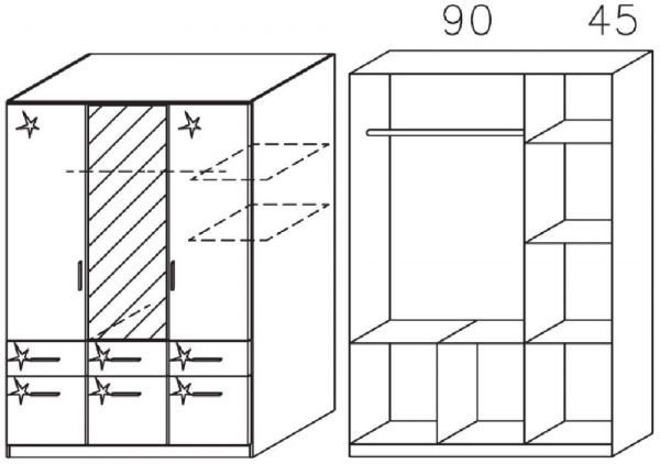 2128 : 3 Door 6 Drawer Combi Wardrobe with 2 High Polish Door and 1 Mirror Door