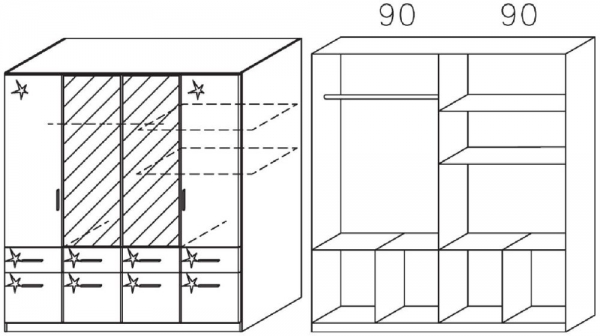 2138 : 4 Door 8 Drawer Combi Wardrobe with 2 High Polish Door and 2 Mirror Door