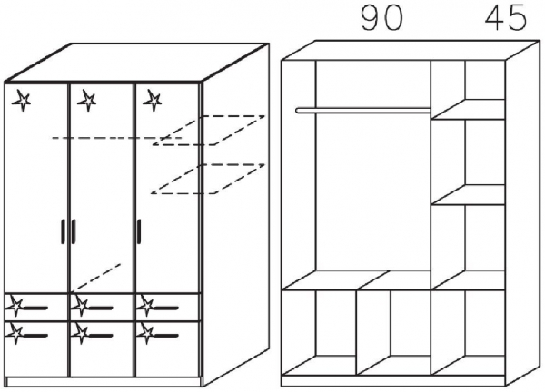 4876 : 3 Door 6 Drawer Combi High Polish Wardrobe