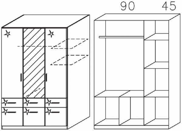 512A : 3 Door 6 Drawer Combi Wardrobe with 2 High Polish Door and 1 Mirror Door
