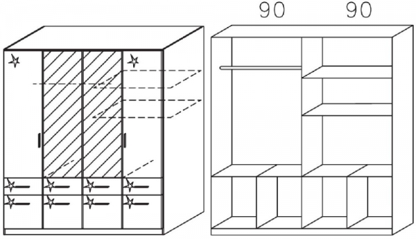 513A : 4 Door 8 Drawer Combi Wardrobe with 2 High Polish Door and 2 Mirror Door