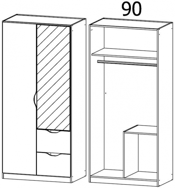 2321 : 2 Door 2 Drawer Combi Wardrobe with 1 Mirror Door