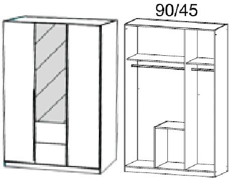 5705 : 3 Door 2 Drawer Combi Wardrobe with 1 Mirror Door and Aluminium Color Handle