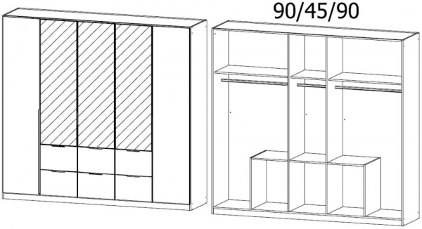 5K38 : 5 Door 6 Drawer Combi Wardrobe with 3 Mirror Door and Aluminium Color Handle