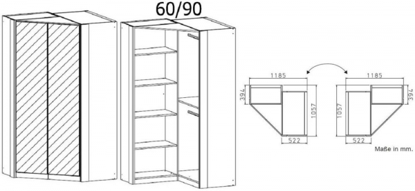 03C8 : 2 Mirror Door Corner Wardrobe with Aluminium Color Handle