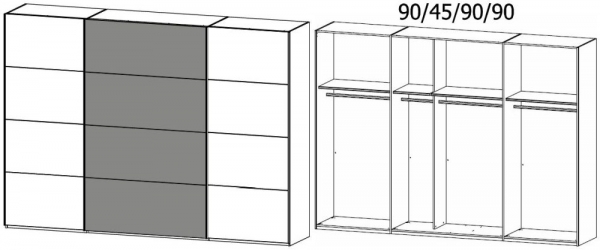 1P43 : 3 Door Sliding Wardrobe with 2 Carcase Color Door and 1 Application Door with Carcase Color Handle Strip