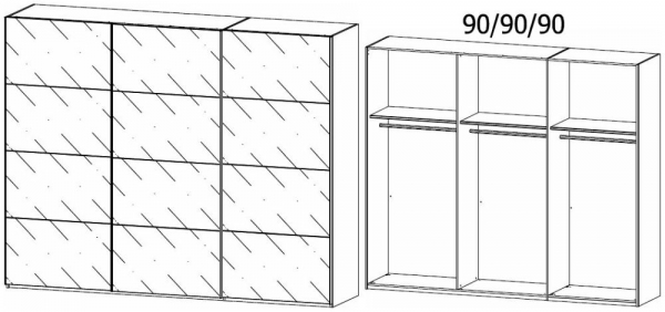 190L : 3 Grey Mirror Door Sliding Wardrobe and Carcase Color Handle Strip