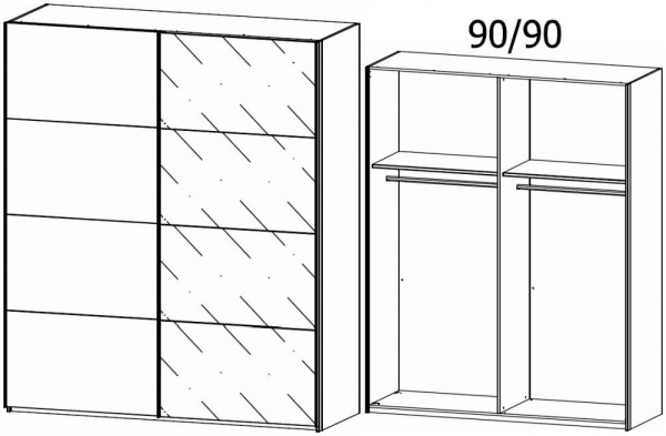 19A1 : 2 Door Sliding Wardrobe with 1 Carcase Door and 1 Glass Door with Carcase Color Handle Strip
