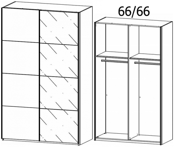 19T9 : 2 Door Sliding Wardrobe with 1 Carcase Door and 1 Glass Door with Carcase Color Handle Strip