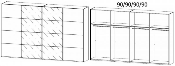 1B18 : 4 Door Synchronous Sliding Wardrobe with 2 Carcase Door and 2 Glass Door with Chrome Color Handle Strip