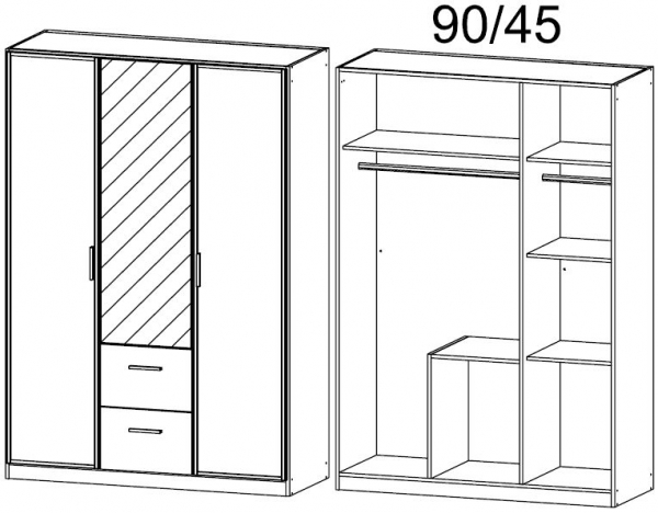 011Y : 3 Door 2 Drawer Combi Wardrobe with 2 Carcase Door and 1 Mirror Door