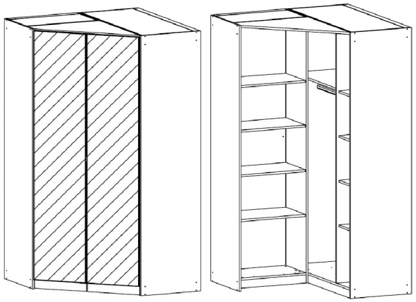 0X8D : 2 Mirror Door Corner Wardrobe with Glass Front and Vertical Trim and Chrome Color Long Handle